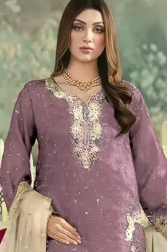 Purple embroidered silk blend salwar suit