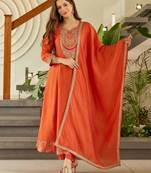 Women ethnic motifs embroidered regular thread work kurta with trousers & with dupatta
