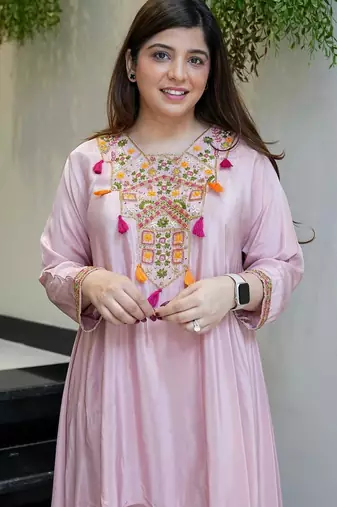 women's pink silk blend embroidered kurta palazzo set