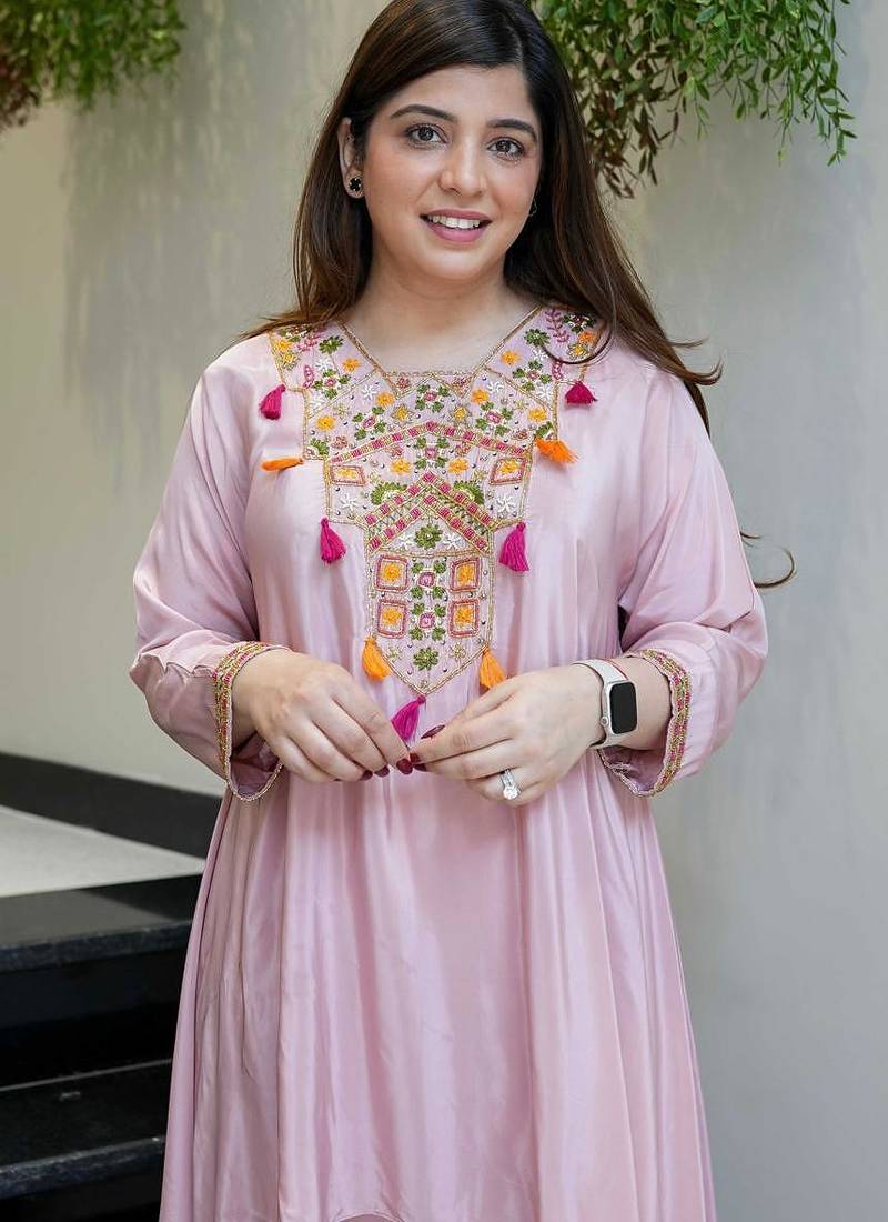 Women ethnic motifs embroidered regular thread work kurta with palazzos