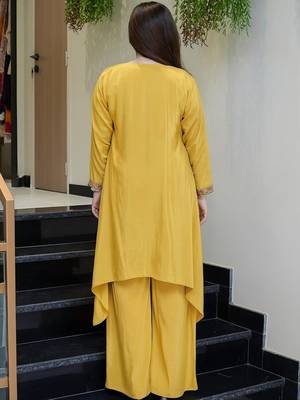 women's yellow silk blend embroidered kurta palazzo set 4