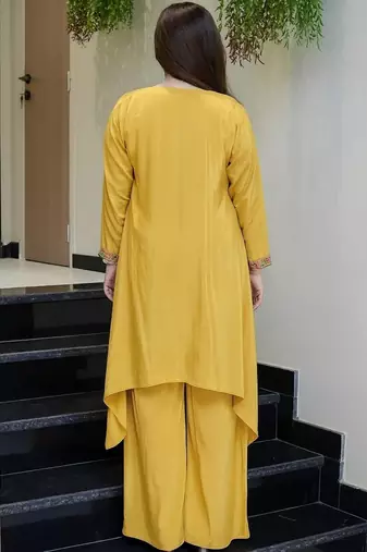women's yellow silk blend embroidered kurta palazzo set