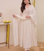 Women floral embroidered panelled thread work kurta with trousers & with dupatta