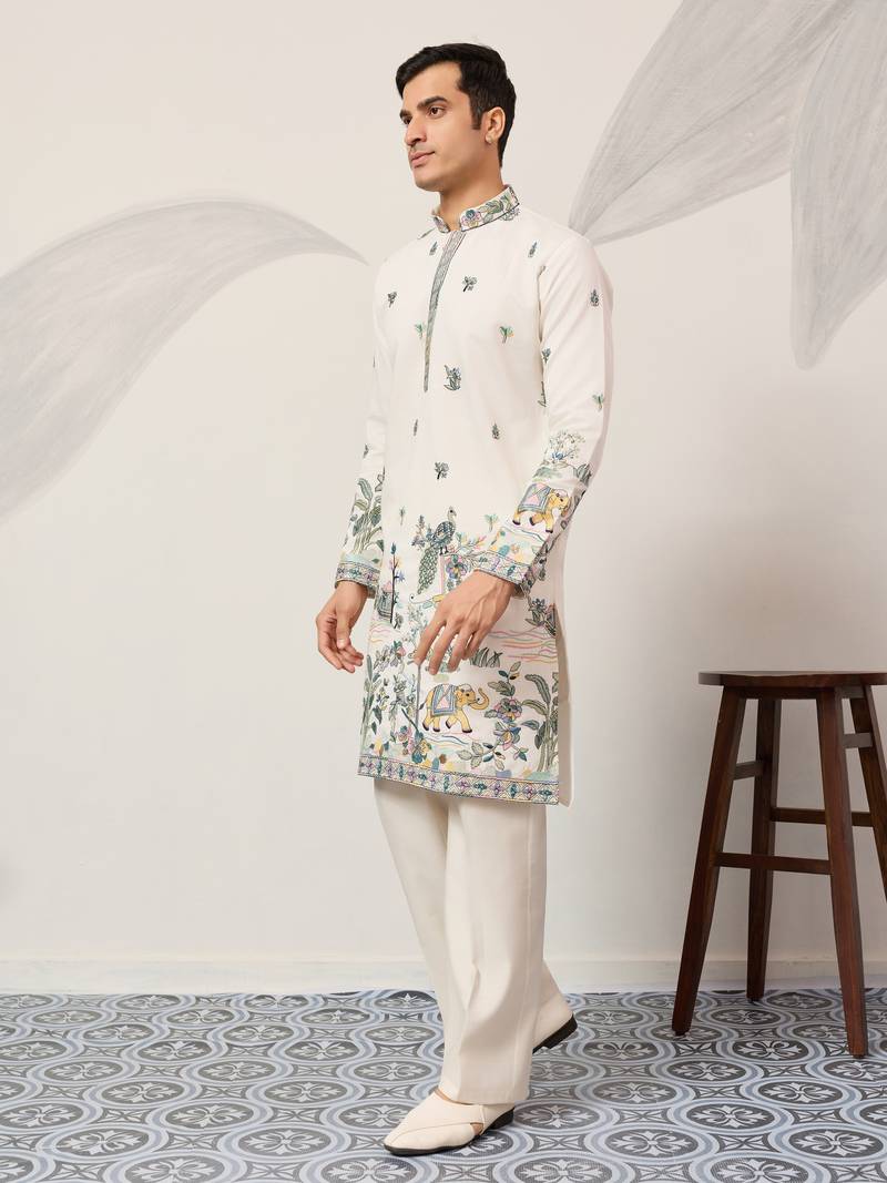 WHITE VISCOSE SILK THREAD & SEQUINS EMBROIDERED WORK WEDDING FESTIVAL MARRIAGE PARTY WEAR STRAIGHT MENS KURTA