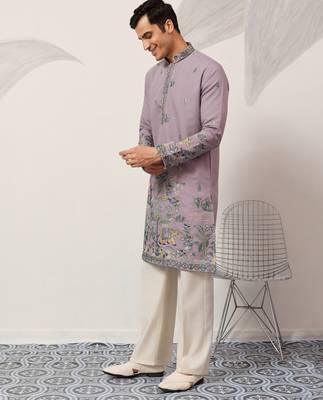 PURPLE VISCOSE SILK THREAD & SEQUINS EMBROIDERED WORK WEDDING FESTIVAL MARRIAGE PARTY WEAR STRAIGHT MENS KURTA 7