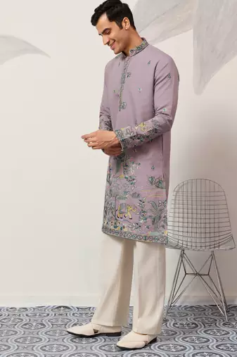 PURPLE VISCOSE SILK THREAD & SEQUINS EMBROIDERED WORK WEDDING FESTIVAL MARRIAGE PARTY WEAR STRAIGHT MENS KURTA