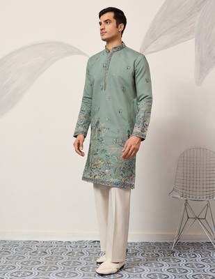 PISTA GREEN VISCOSE SILK THREAD & SEQUINS EMBROIDERED WORK WEDDING FESTIVAL MARRIAGE PARTY WEAR STRAIGHT MENS KURTA 7