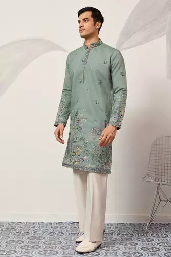 PISTA GREEN VISCOSE SILK THREAD & SEQUINS EMBROIDERED WORK WEDDING FESTIVAL MARRIAGE PARTY WEAR STRAIGHT MENS KURTA