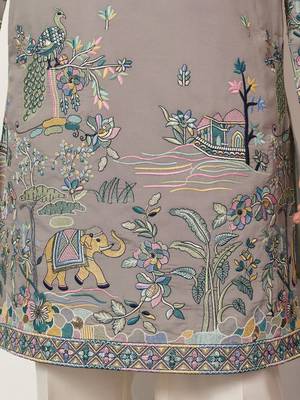 GREY VISCOSE SILK THREAD & SEQUINS EMBROIDERED WORK WEDDING FESTIVAL MARRIAGE PARTY WEAR STRAIGHT MENS KURTA 7