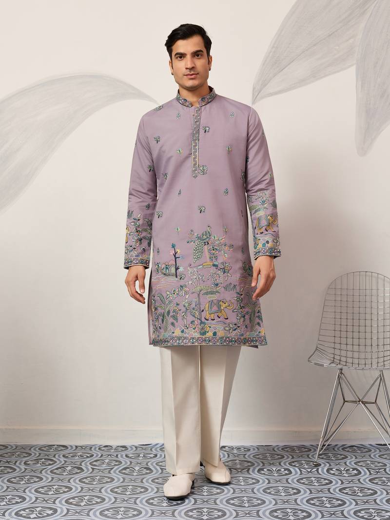 PURPLE VISCOSE SILK THREAD & SEQUINS EMBROIDERED WORK WEDDING FESTIVAL MARRIAGE PARTY WEAR STRAIGHT MENS KURTA