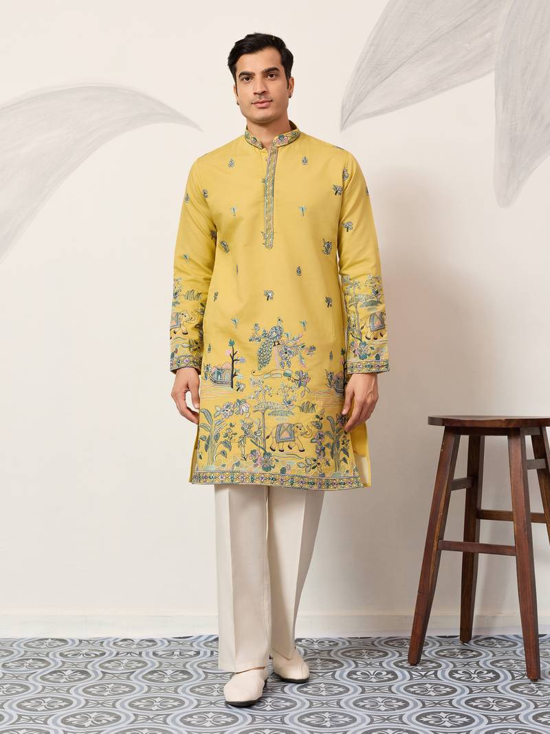 YELLOW VISCOSE SILK THREAD & SEQUINS EMBROIDERED WORK WEDDING FESTIVAL MARRIAGE PARTY WEAR STRAIGHT MENS KURTA