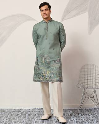 PISTA GREEN VISCOSE SILK THREAD & SEQUINS EMBROIDERED WORK WEDDING FESTIVAL MARRIAGE PARTY WEAR STRAIGHT MENS KURTA 8