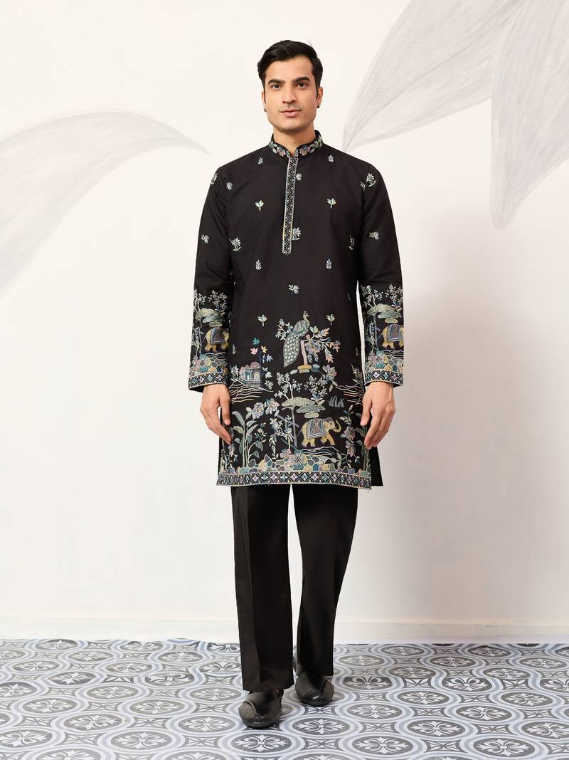 BLACK VISCOSE SILK THREAD & SEQUINS EMBROIDERED WORK WEDDING FESTIVAL MARRIAGE PARTY WEAR STRAIGHT MENS KURTA