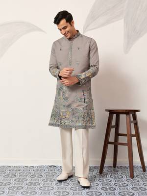 GREY VISCOSE SILK THREAD & SEQUINS EMBROIDERED WORK WEDDING FESTIVAL MARRIAGE PARTY WEAR STRAIGHT MENS KURTA 8