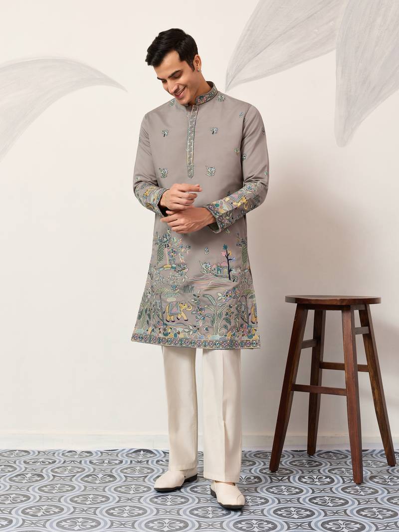 GREY VISCOSE SILK THREAD & SEQUINS EMBROIDERED WORK WEDDING FESTIVAL MARRIAGE PARTY WEAR STRAIGHT MENS KURTA