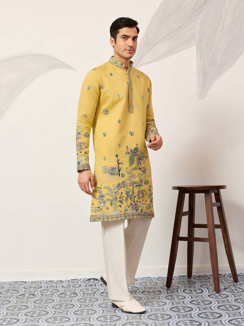 YELLOW VISCOSE SILK THREAD & SEQUINS EMBROIDERED WORK WEDDING FESTIVAL MARRIAGE PARTY WEAR STRAIGHT MENS KURTA