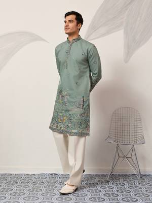 PISTA GREEN VISCOSE SILK THREAD & SEQUINS EMBROIDERED WORK WEDDING FESTIVAL MARRIAGE PARTY WEAR STRAIGHT MENS KURTA 9
