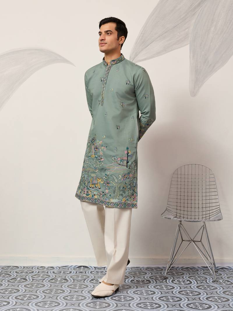 PISTA GREEN VISCOSE SILK THREAD & SEQUINS EMBROIDERED WORK WEDDING FESTIVAL MARRIAGE PARTY WEAR STRAIGHT MENS KURTA