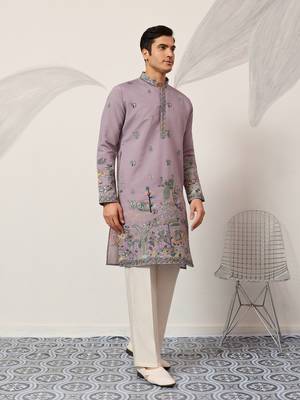 PURPLE VISCOSE SILK THREAD & SEQUINS EMBROIDERED WORK WEDDING FESTIVAL MARRIAGE PARTY WEAR STRAIGHT MENS KURTA 9