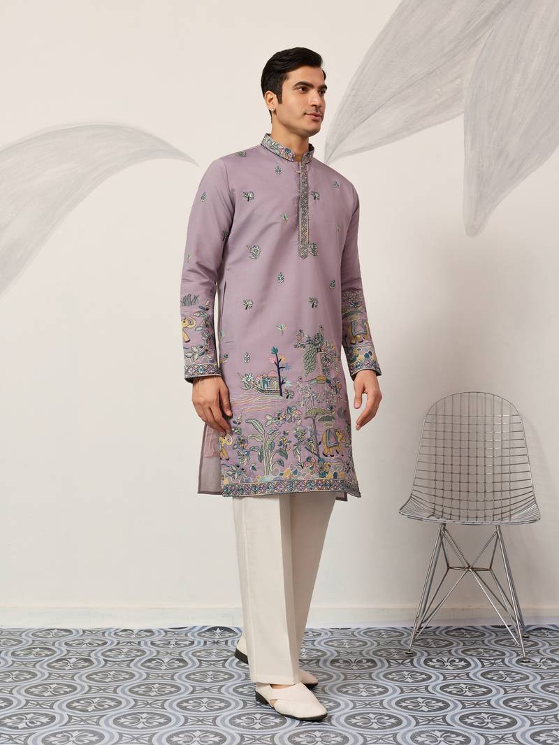 PURPLE VISCOSE SILK THREAD & SEQUINS EMBROIDERED WORK WEDDING FESTIVAL MARRIAGE PARTY WEAR STRAIGHT MENS KURTA