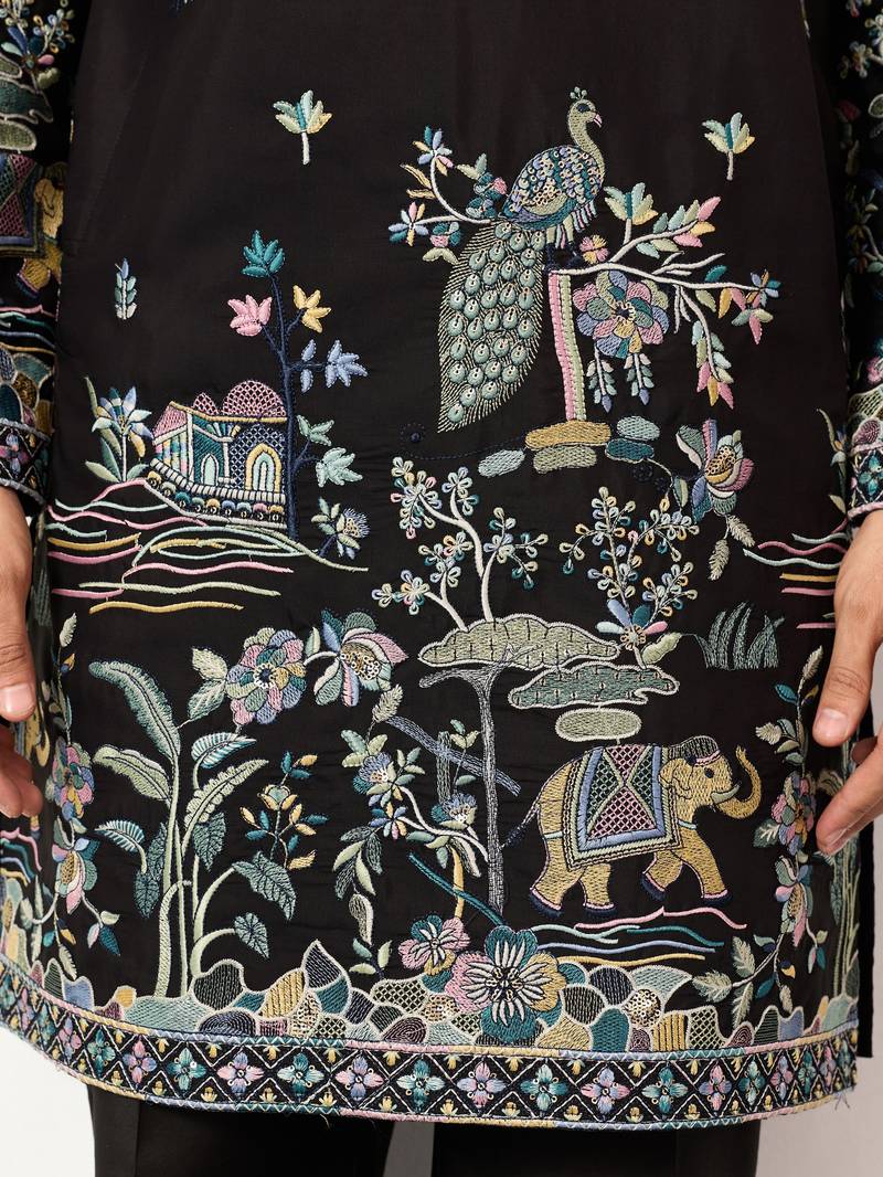 BLACK VISCOSE SILK THREAD & SEQUINS EMBROIDERED WORK WEDDING FESTIVAL MARRIAGE PARTY WEAR STRAIGHT MENS KURTA