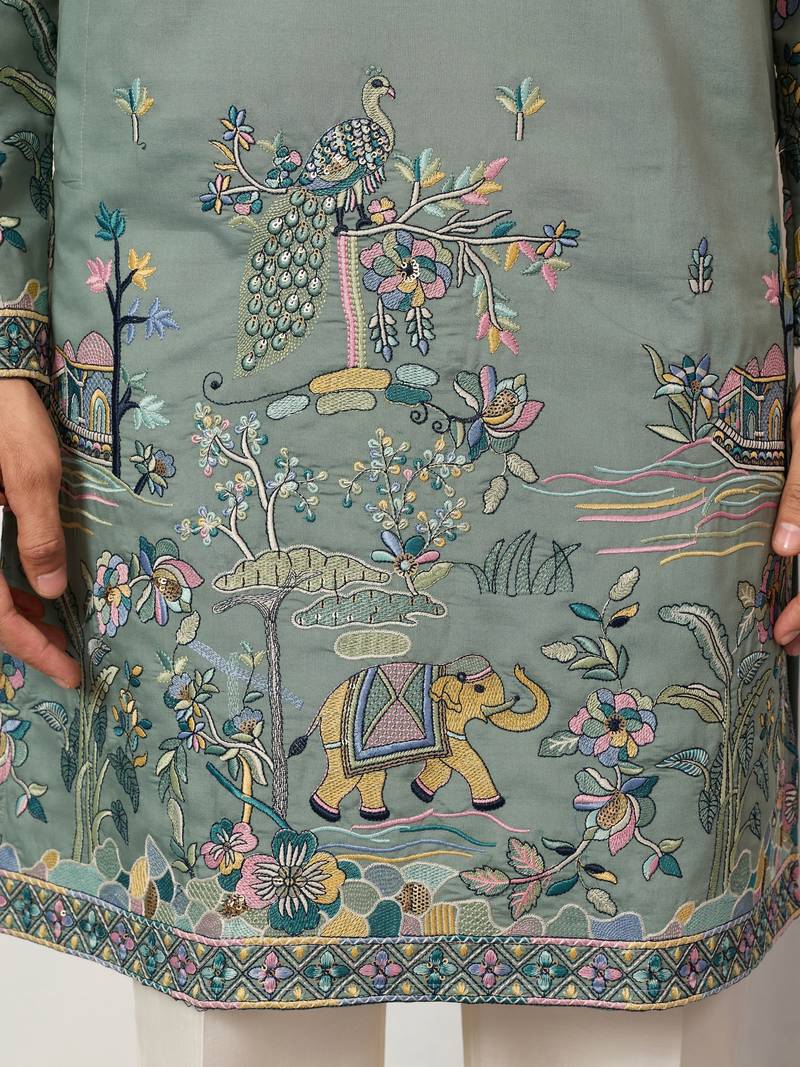 PISTA GREEN VISCOSE SILK THREAD & SEQUINS EMBROIDERED WORK WEDDING FESTIVAL MARRIAGE PARTY WEAR STRAIGHT MENS KURTA