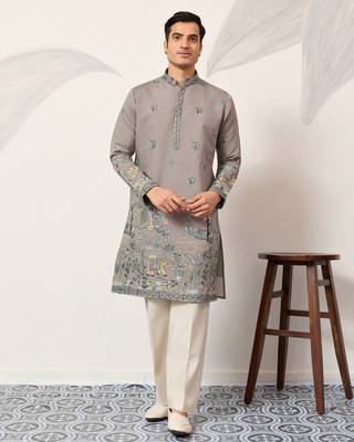 GREY VISCOSE SILK THREAD & SEQUINS EMBROIDERED WORK WEDDING FESTIVAL MARRIAGE PARTY WEAR STRAIGHT MENS KURTA 9
