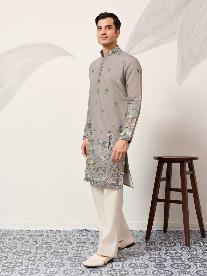 GREY VISCOSE SILK THREAD & SEQUINS EMBROIDERED WORK WEDDING FESTIVAL MARRIAGE PARTY WEAR STRAIGHT MENS KURTA