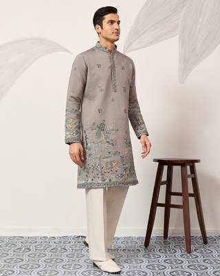 GREY VISCOSE SILK THREAD & SEQUINS EMBROIDERED WORK WEDDING FESTIVAL MARRIAGE PARTY WEAR STRAIGHT MENS KURTA 11