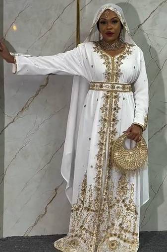 White handcrafted zari work stitched georgette kaftan party dress