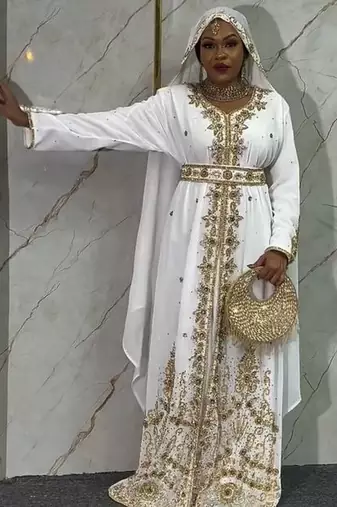 White handcrafted zari work stitched georgette kaftan party dress