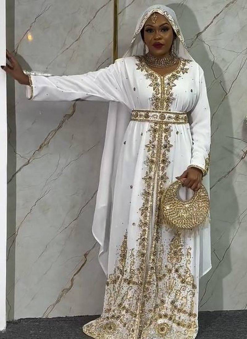 White handcrafted zari work stitched georgette kaftan party dress