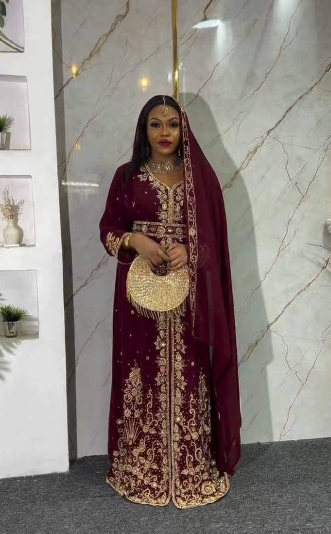 Maroon handcrafted zari work stitched georgette kaftan party dress