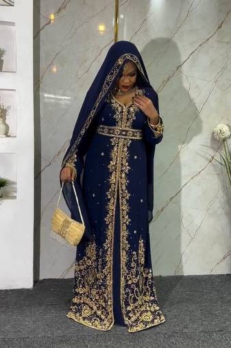 Navy-Blue handcrafted zari work stitched georgette kaftan party dress