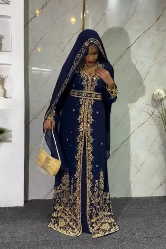 Navy-Blue handcrafted zari work stitched georgette kaftan party dress