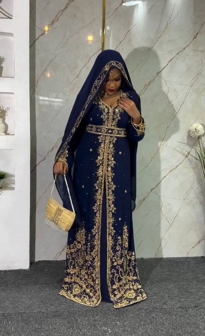 Navy-Blue handcrafted zari work stitched georgette kaftan party dress