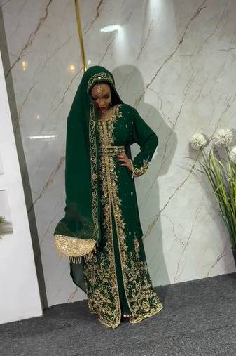 Green handcrafted zari work stitched georgette kaftan party dress