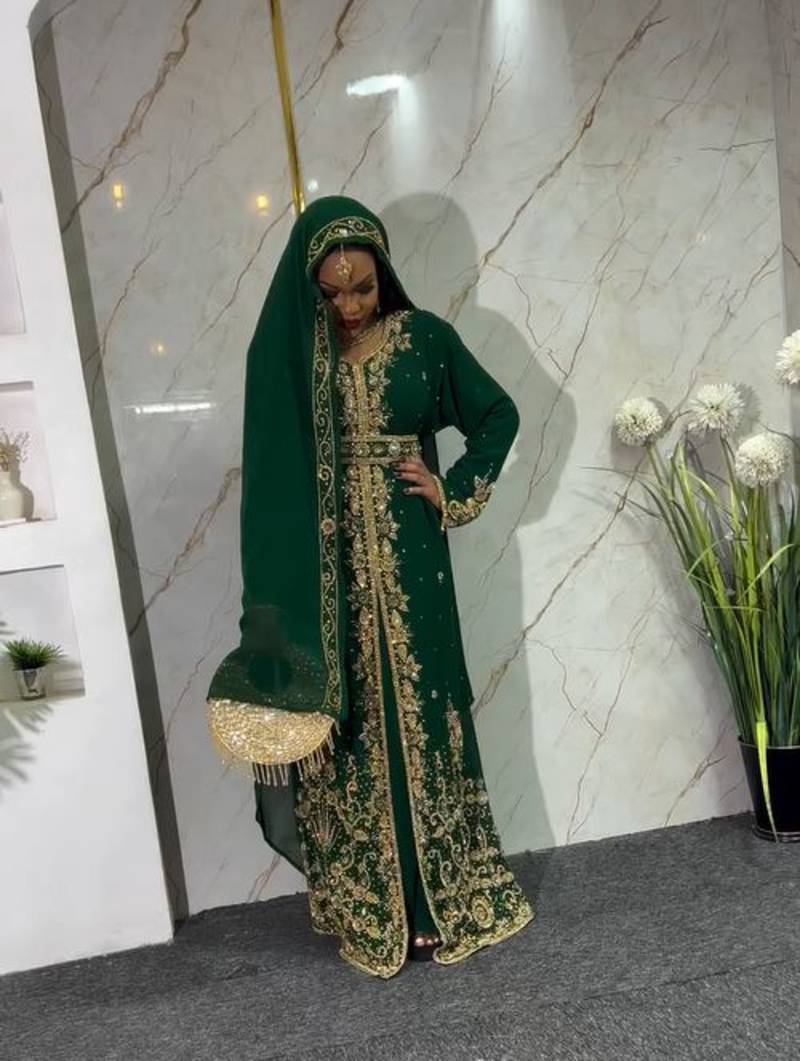 Green handcrafted zari work stitched georgette kaftan party dress