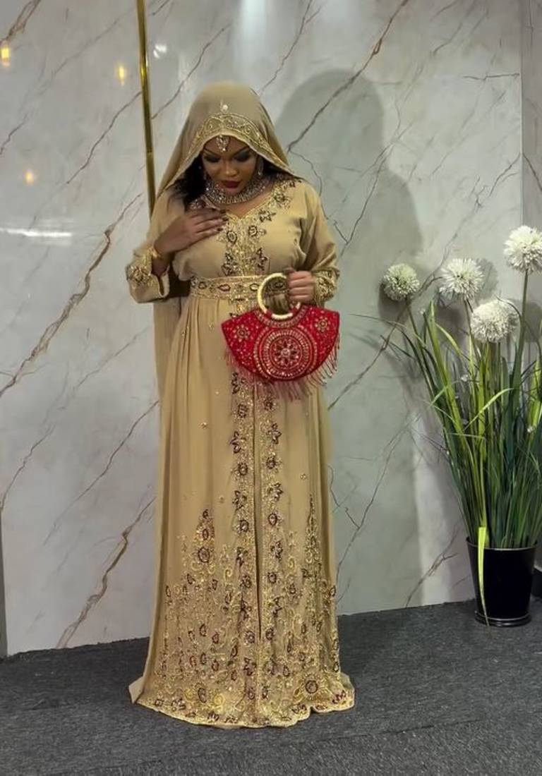 BEIGE handcrafted zari work stitched georgette kaftan party dress