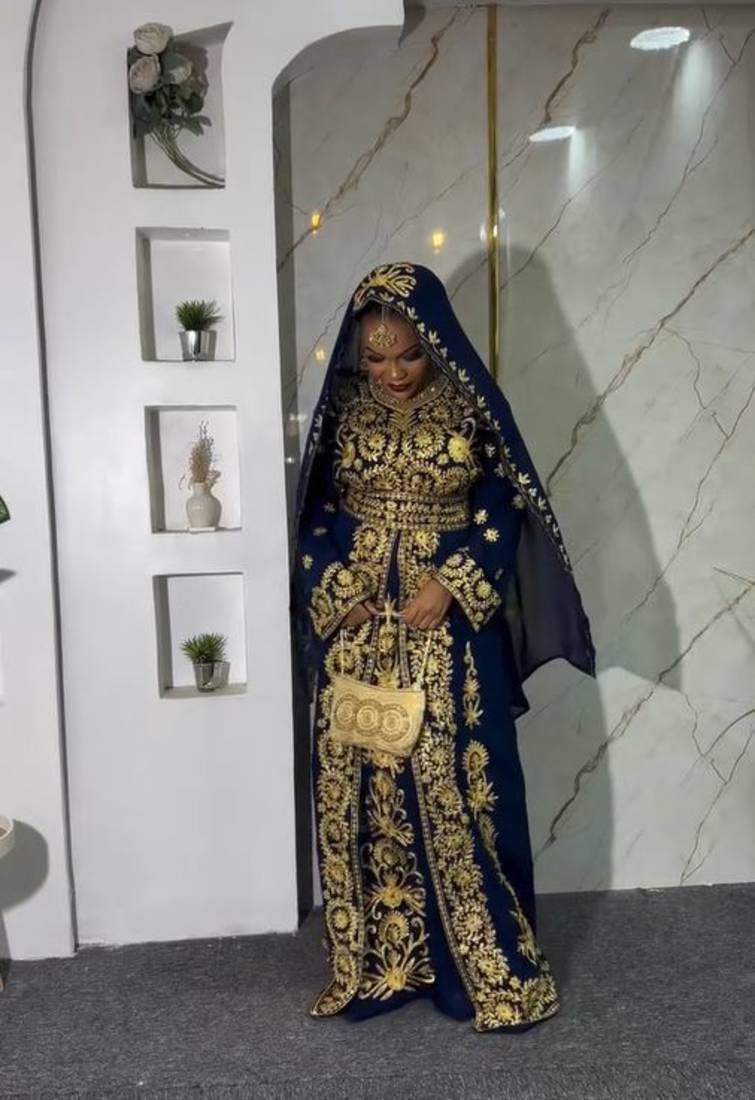 Navy-Blue Embroidered Morrocan Kaftan with Detailed Aari-Embroidered Work dress for women's