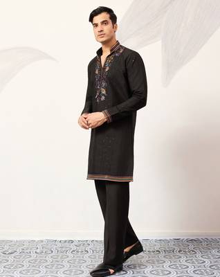 BLACK VISCOSE SILK THREAD & SEQUINS EMBROIDERED WORK WEDDING FESTIVAL MARRIAGE PARTY WEAR STRAIGHT MENS KURTA WITH PANT 7