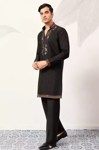 BLACK VISCOSE SILK THREAD & SEQUINS EMBROIDERED WORK WEDDING FESTIVAL MARRIAGE PARTY WEAR STRAIGHT MENS KURTA WITH PANT