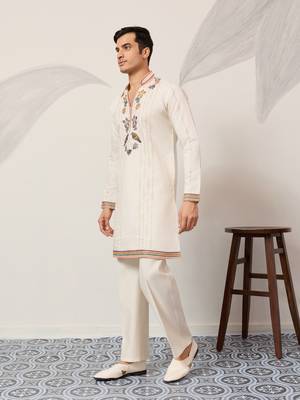 WHITE VISCOSE SILK THREAD & SEQUINS EMBROIDERED WORK WEDDING FESTIVAL MARRIAGE PARTY WEAR STRAIGHT MENS KURTA WITH PANT 7
