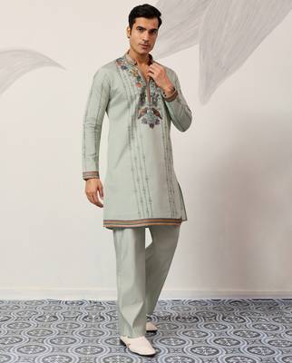 PISTA GREEN VISCOSE SILK THREAD & SEQUINS EMBROIDERED WORK WEDDING FESTIVAL  PARTY WEAR STRAIGHT MENS KURTA WITH PANT 7