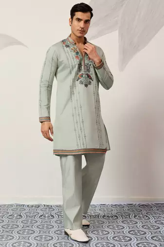 PISTA GREEN VISCOSE SILK THREAD & SEQUINS EMBROIDERED WORK WEDDING FESTIVAL  PARTY WEAR STRAIGHT MENS KURTA WITH PANT
