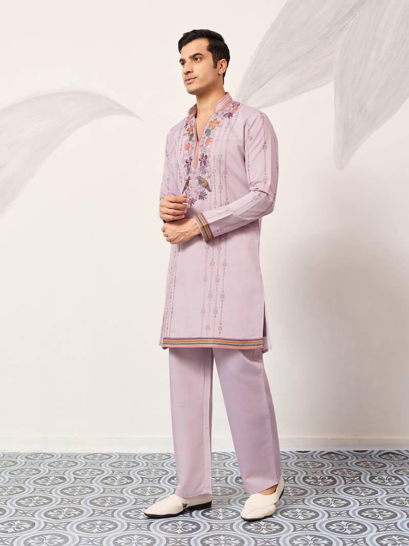 LAVENDER VISCOSE SILK THREAD & SEQUINS EMBROIDERED WORK FESTIVAL MARRIAGE PARTY WEAR STRAIGHT MENS KURTA WITH PANT