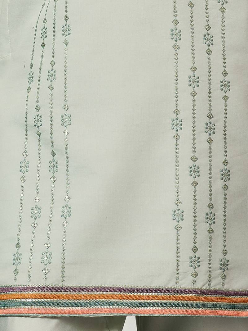 PISTA GREEN VISCOSE SILK THREAD & SEQUINS EMBROIDERED WORK WEDDING FESTIVAL  PARTY WEAR STRAIGHT MENS KURTA WITH PANT