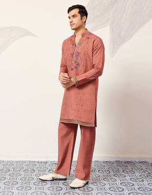 ORANGE VISCOSE SILK THREAD & SEQUINS EMBROIDERED WORK WEDDING FESTIVAL MARRIAGE PARTY WEAR STRAIGHT MENS KURTA WITH PANT 7