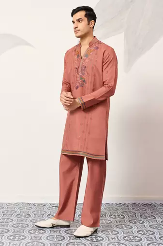 ORANGE VISCOSE SILK THREAD & SEQUINS EMBROIDERED WORK WEDDING FESTIVAL MARRIAGE PARTY WEAR STRAIGHT MENS KURTA WITH PANT