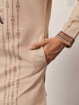 BEIGE VISCOSE SILK THREAD & SEQUINS EMBROIDERED WORK WEDDING FESTIVAL MARRIAGE PARTY WEAR STRAIGHT MENS KURTA WITH PANT 7
